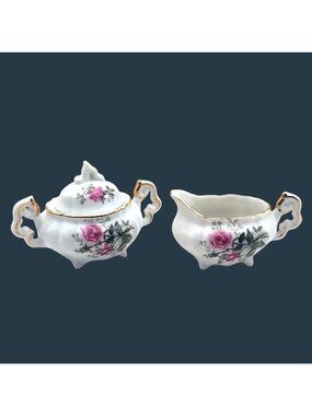Vintage Lefton Miniature Porcelain Creamer Lidded Sugar Bowl Hand Painted Floral